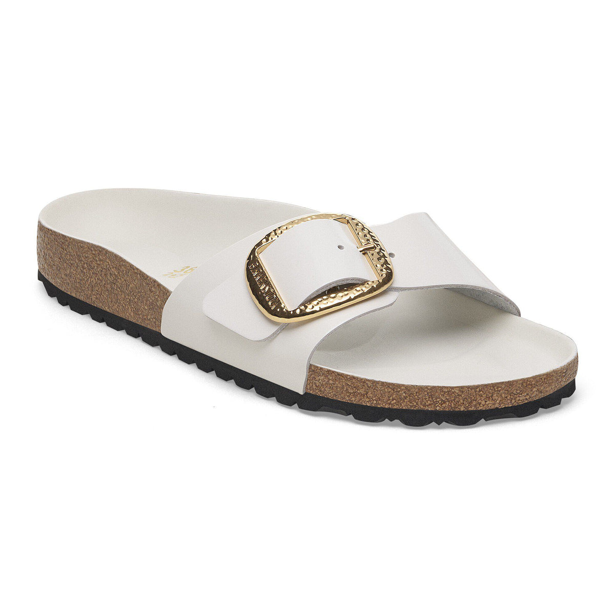 Madrid Hammered Big Buckle Natural Leather Patent - High-Shine Antique White